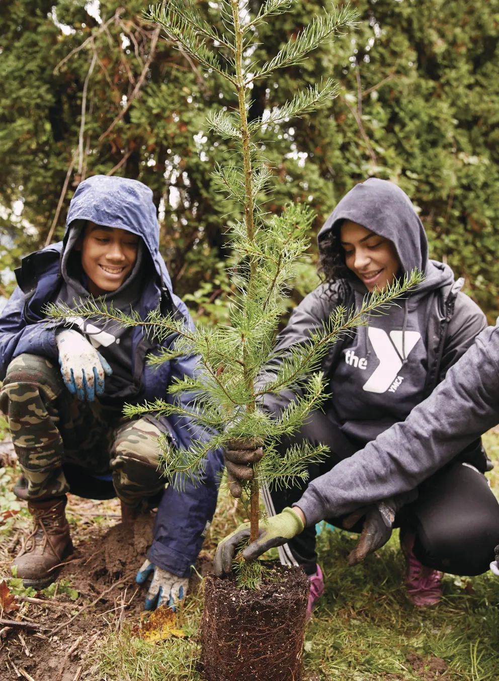 Three hooded volunteers planting a tree outdoors on a bright day; each wearing gloves, helping with community project.
