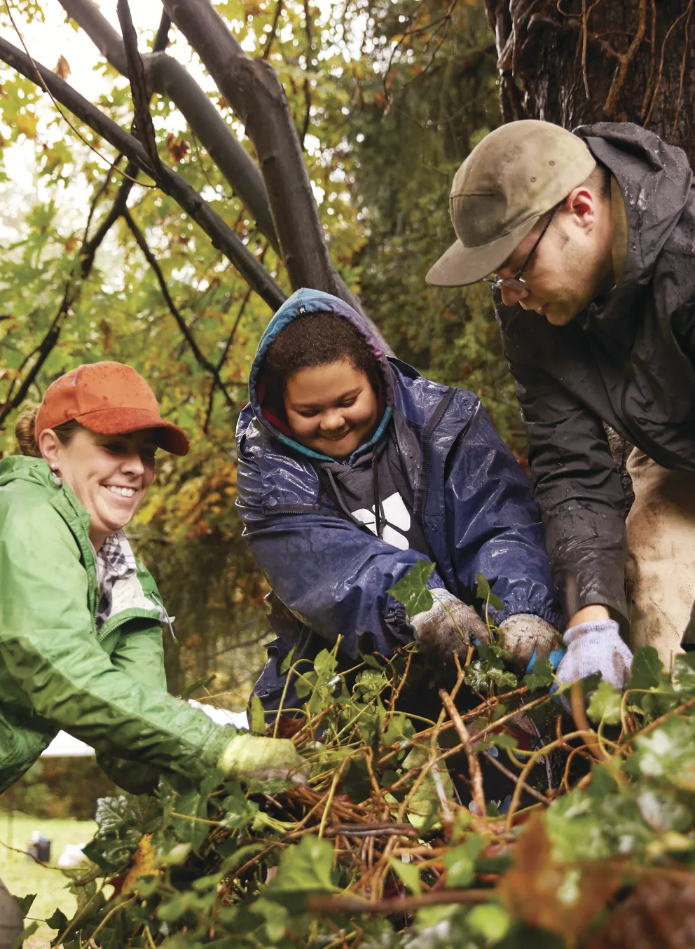 Three people, wearing rain jackets and hats, work together outdoors, removing branches near a large tree, smiling during a community project.